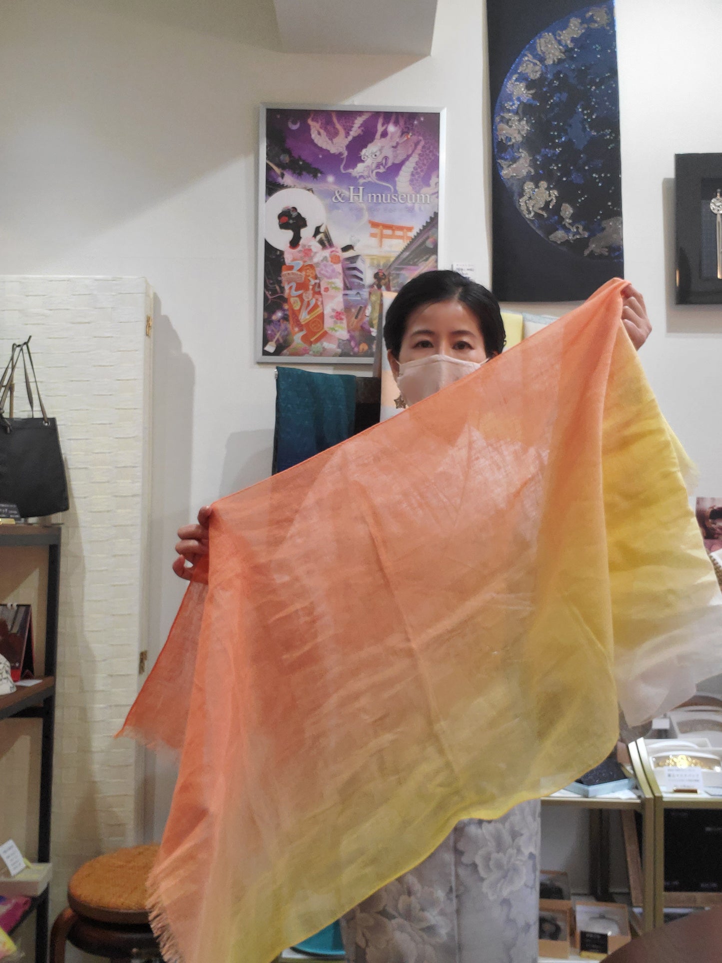 Linen stole sky pattern orange