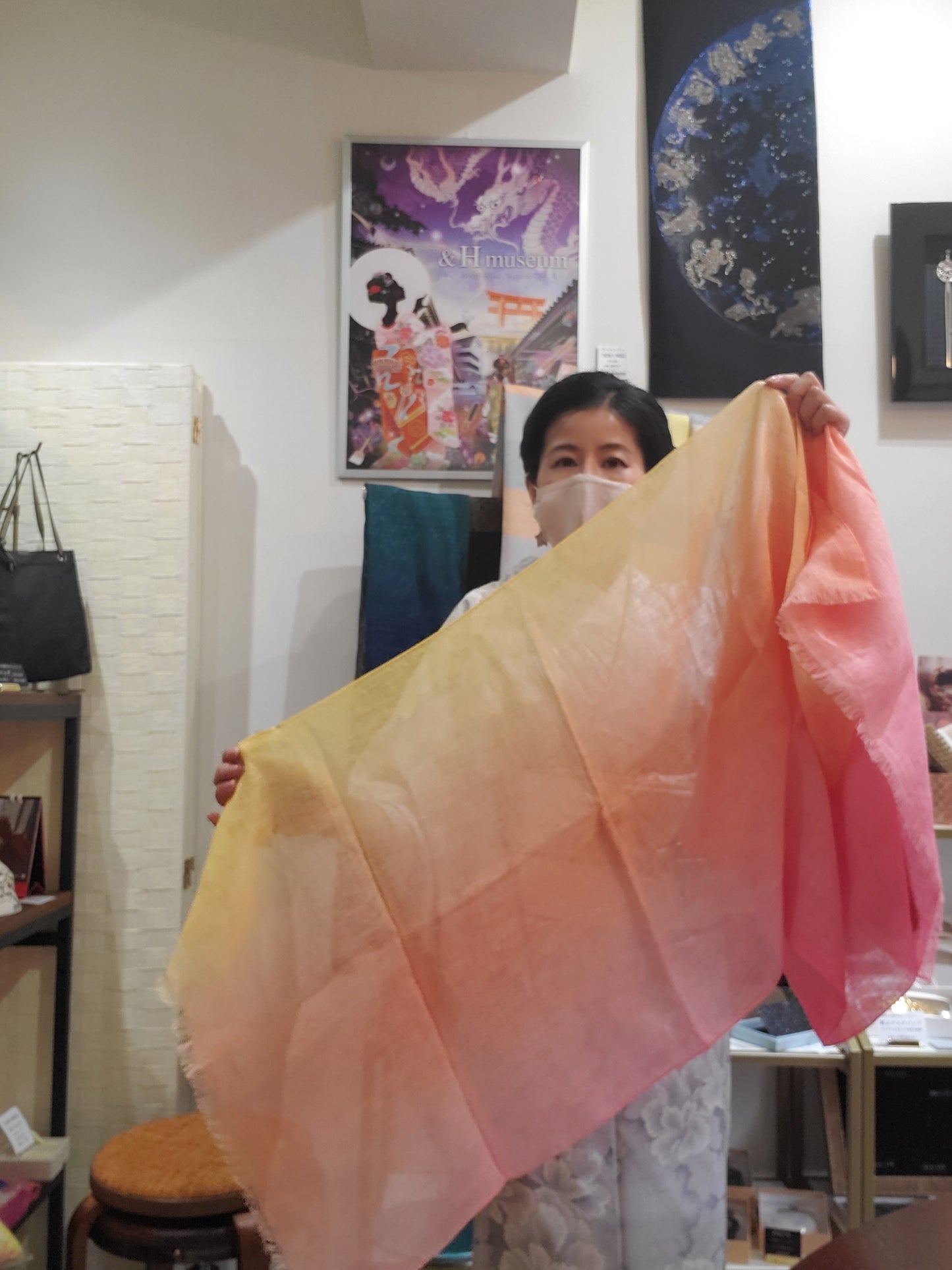 Linen stole sky pattern pink