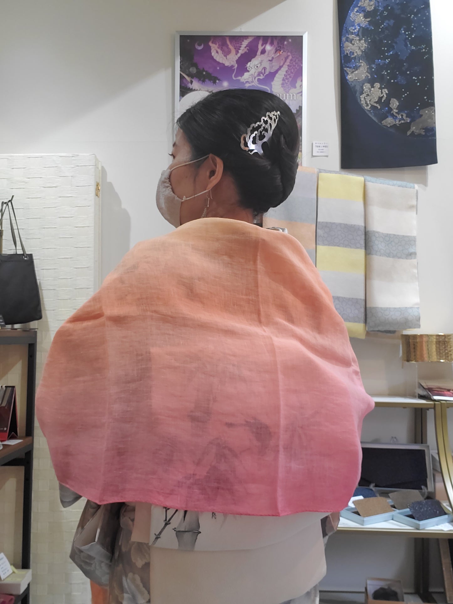 Linen stole sky pattern pink