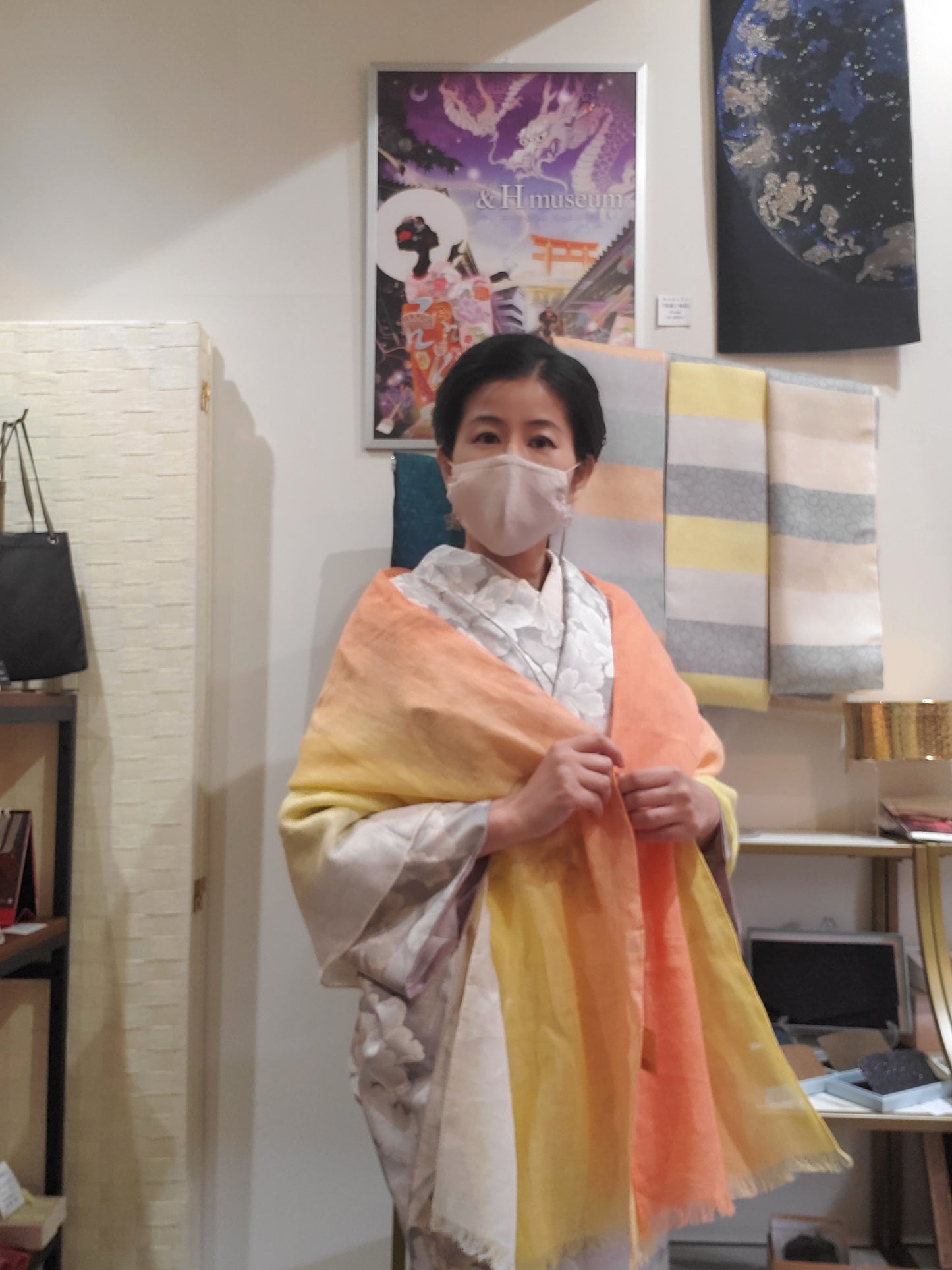 Linen stole sky pattern orange