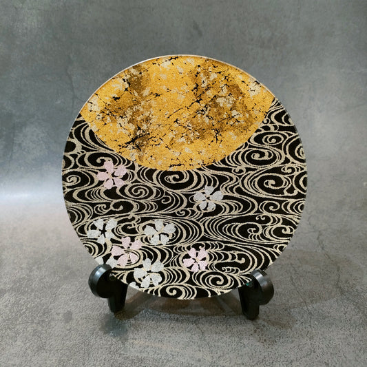 金彩ガラス皿 月に桜・流水(15cm・丸形)