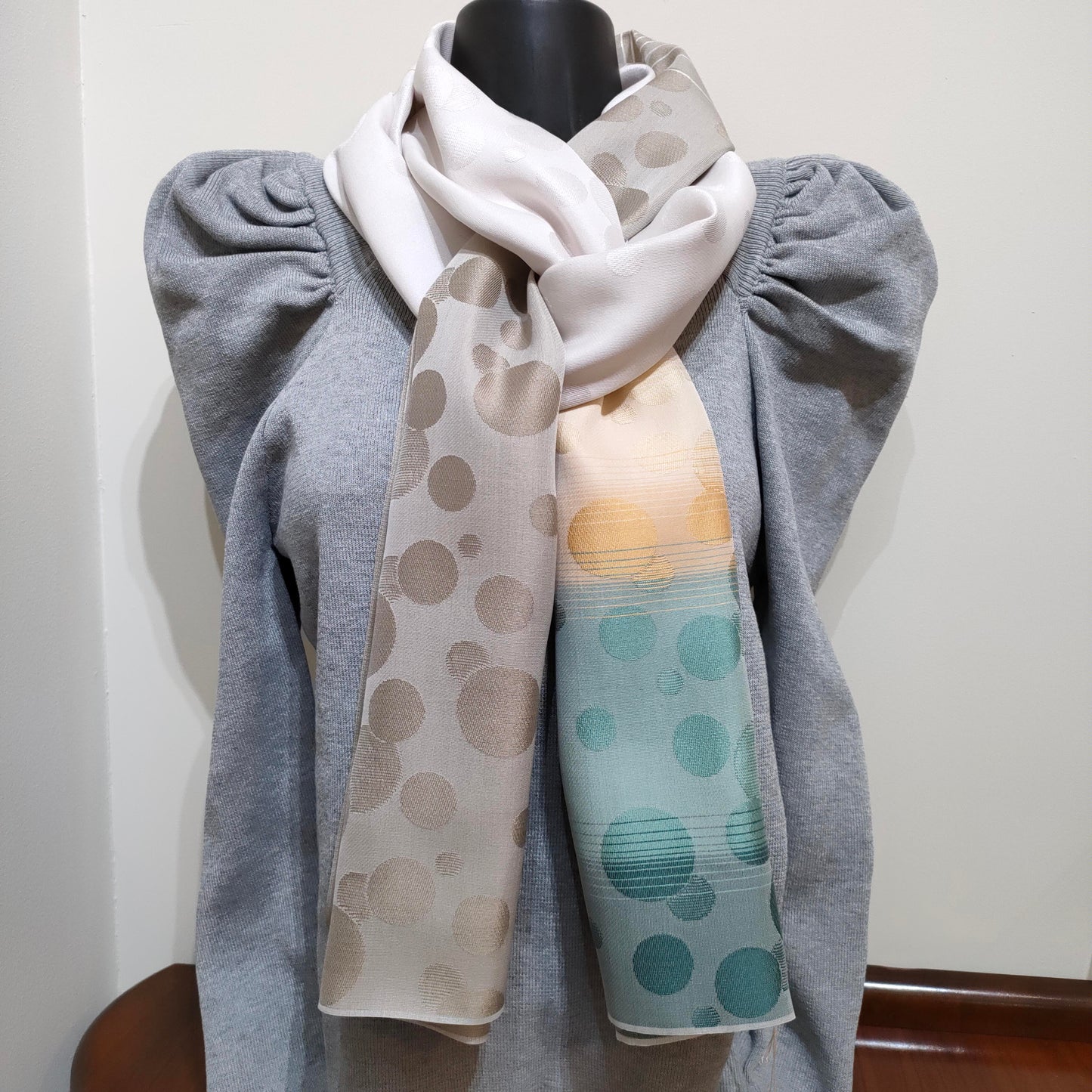 Nishijin Woven Silk Stole (Polka Dot) Green-Beige